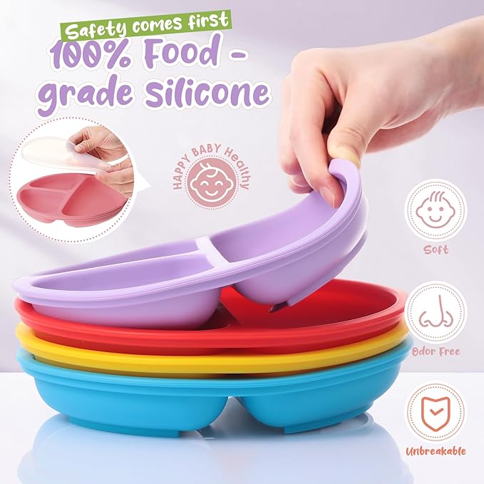 Meanplan 6 Pack Suction Plates for Toddlers with Lids Silicone Baby Plates set Food Grade Silicone Divided Design BPA Free Microwave and Dishwasher Safe Assorted Colors(Bright Colors)
