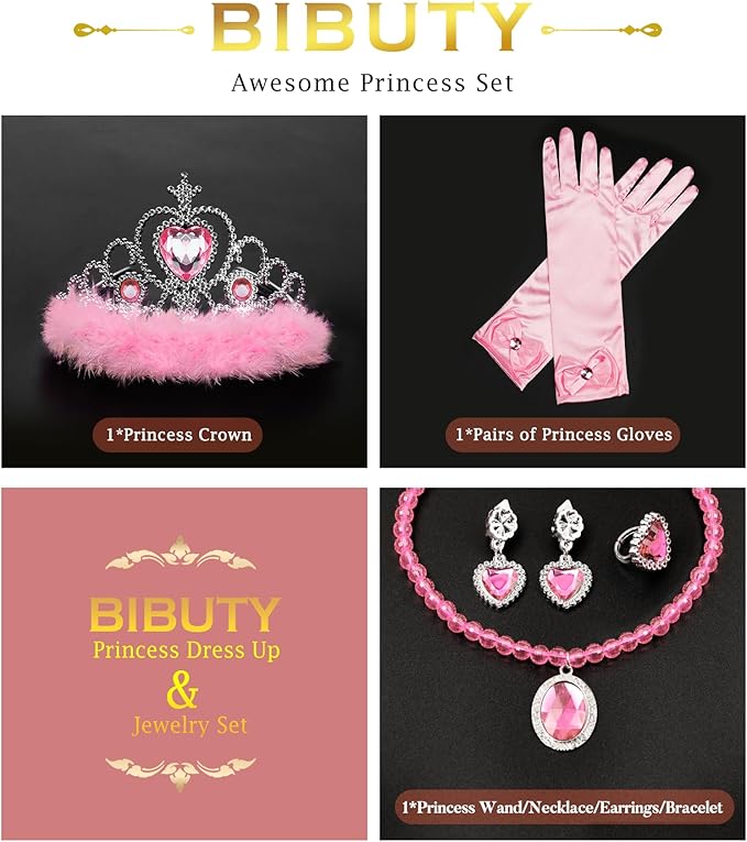 Princess Dress Up Accessories Princess Gloves, BIBUTY 7pcs Dress Up Set for Toddler Girls with Princess Crown, Wand, Gloves, Necklace, Earrings, Bracelet and Ring, Costume Toys for 3-6 yr Little Girls