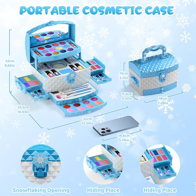 PERRYHOME Kids Makeup Set for Girl 56 Pcs Washable Real Cosmetic, Non-Toxic Frozen Toys Toddler Makeup Kit, Frozen Princess Dress up Kit Christmas & Birthday Girl Gift for 3-12 (Frozen Blue)