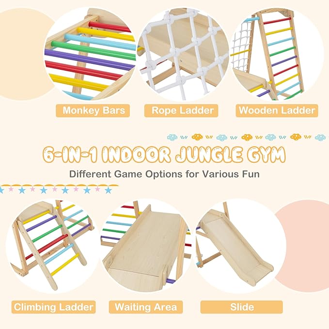 Costzon Indoor Jungle Gym, 6-in-1 Montessori Climbing Toys for Toddlers with Slide, Climbing Net, Monkey Bars, Wooden Playground Climber Playset for Kids Gifts Presents