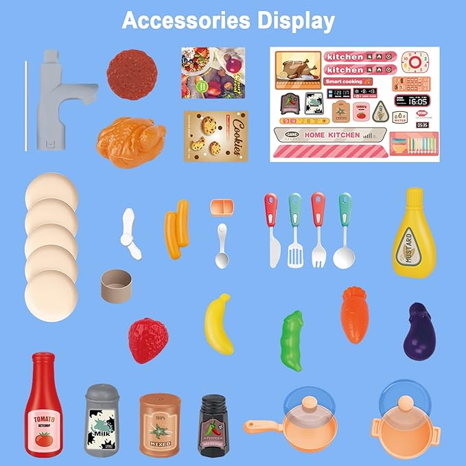 deAO Kids Kitchen Playset 35PCS Play Kitchen Toys Accessories with Sounds Lights,Cooking Stove Steam,Pretend Play for Toddler Aged 3 4 5 6 7 8 Years (Blue)