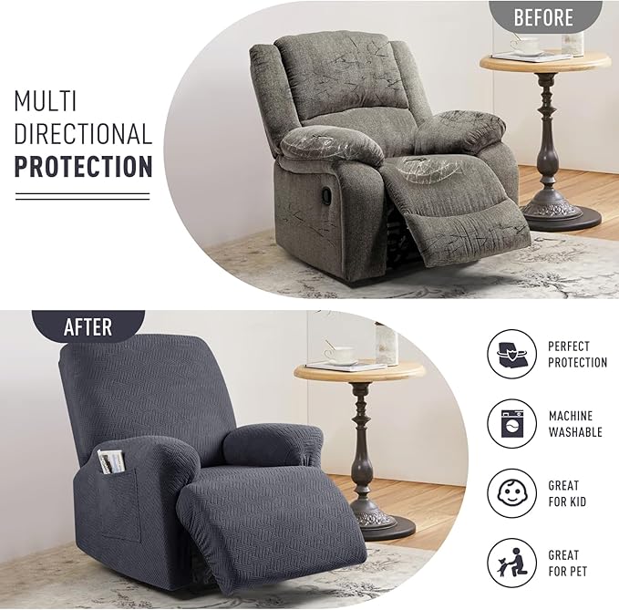 KinCam Recliner Covers, Stretch Reclining Chair Covers, Recliner Sofa Slipcovers Stripe Jacquard Recliner Couch Covers Furniture Protector Covers for Pet Kid (1 Seater, Deep Gray)