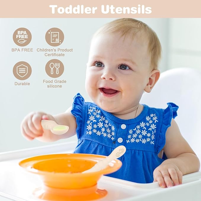Silicone Baby Spoons Self Feeding 6+ Months 3PCS Toddler Forks and Spoons Utensils Baby Led Weaning Teething Spoon Infant Spoons First Stage Newborn Baby Essentials Baby Gifts Beige