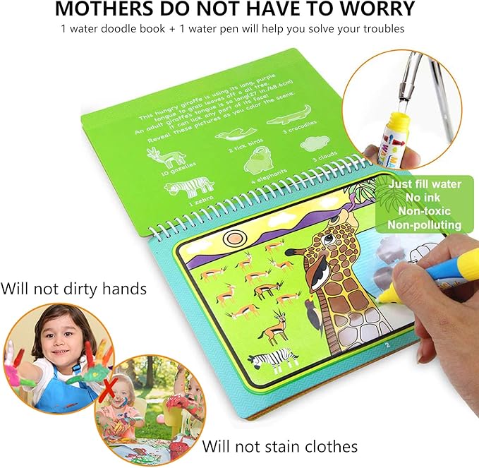 Jenilily Water Coloring Books with Pen Painting Board for Children Drawing Color Toys (Dinosaur & Cartoon Animal & Vehicle)