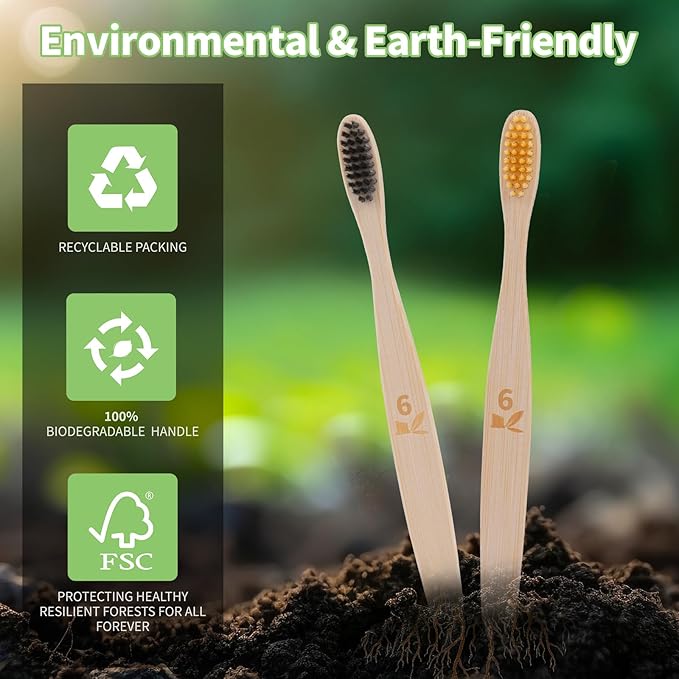 GENKENT 12 Counts Bamboo Toothbrushes BPA Free Soft Bristles Travel Toothbrush Natural Charcoal Toothbrush