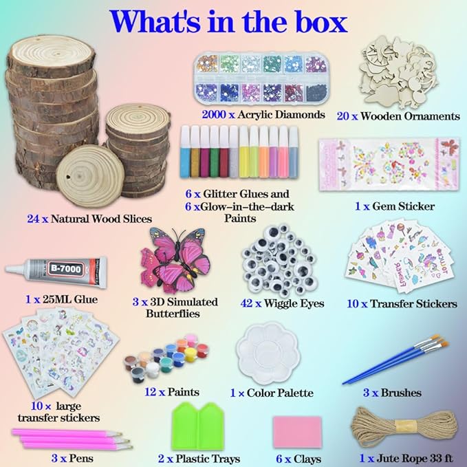 Quimoy 24 Pcs Wooden Painting Kit-Glow in The Dark, Valentines Day Gifts for Kids Classroom, Ornament Making Kit for Kids, Painting Kits for Kids Ages 4-8, Valentines Party Exchange Gifts for Boy Girl