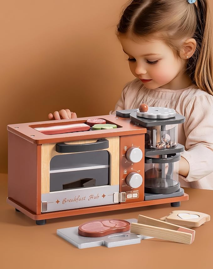 ROBOTIME Play Kitchen Toys Accessories - Wooden Breakfast Machine Kitchen Toy for Kids with Coffee Maker and Pretend Play Food Sets - Kitchen Playset Appliances Toy for Toddlers (Caramel)