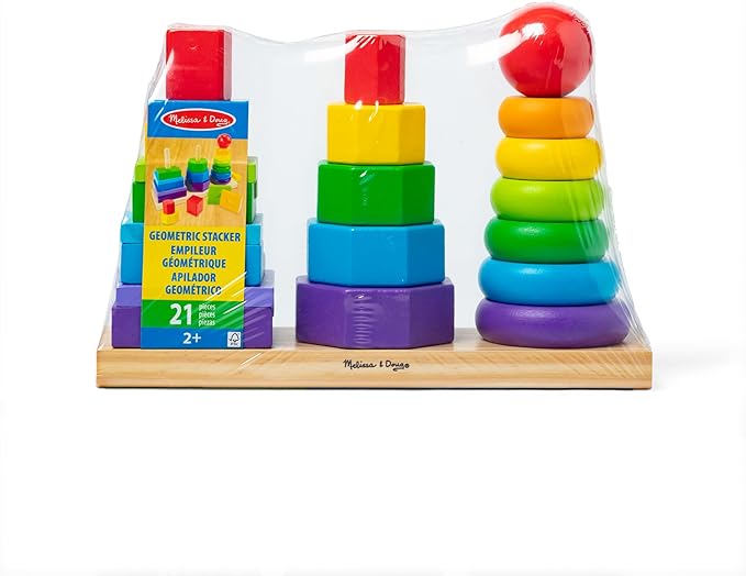 Melissa & Doug Geometric Stacker - Wooden Educational Toy Wooden Shape Sorter And Stacking Toy, Stacking Tower For Babies, Toys For Toddlers And Kids Ages 2+