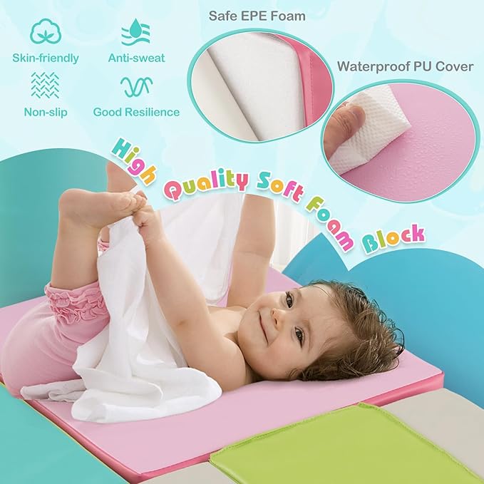 HONEY JOY 6-Piece Climb and Crawl Playset, Soft Climbing Foam Block Activity Play Structure Gym Equipment for Infant Baby, Color Coordination, Waterproof Indoor Climbing Toys for Toddlers (Green)