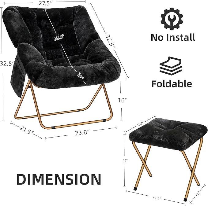 Comfy Saucer Chair, Foldable Living Room Chairs, Soft Faux Fur Lounge Chair for Bedroom, Reading Chairs for Adults, Kids, X-Large (Black)