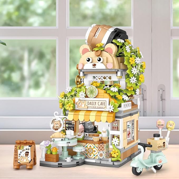 City Cafe Building Blocks Toys, Openable Coffee Shop Building Set for Boys Girls Age 8+,1077pcs Mini Bricks(Not Compatible with Lego) (Green)