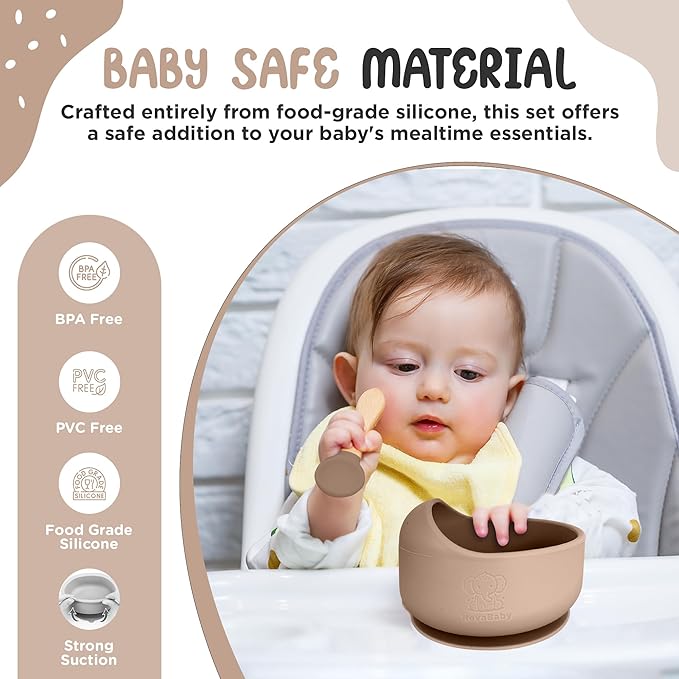 Silicone Baby Feeding Set, Eating Utensils with Suction Plate and Bowl, Baby Led Weaning Supplies, Toddler Self Feeding Dish Set with Waterproof Full Sleeve Bib, Spoon, 10pcs (Beige)