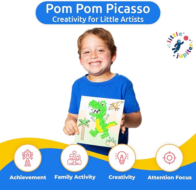 DIY Pom Pom Art - Makes 3 Art Pieces -Boy & Girl Crafts for Kids Age 3-5 - Toddler Crafts Ages 3-5 - Pom Pom Arts and Crafts - Art Projects for Kids 3-5 - (Set 1 -Lion, Shark, Dinosaur)