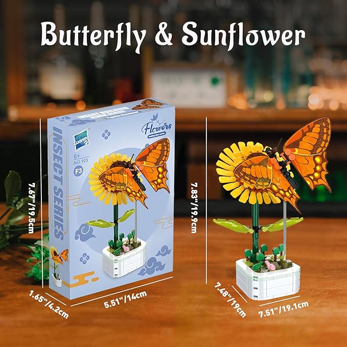 Flower Bouquet Building Set with Base, Flower Building Set Artificial Plant Flowers Building Blocks for Home Office Decor, Birthday Gifts, Desktop Trinkets Age 6+