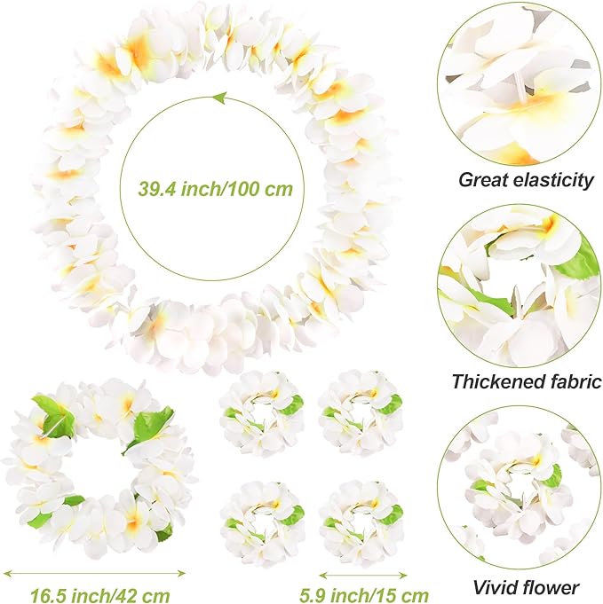HOBBY HORSE 12 Pieces Hawaiian Luau Flower Leis Halloween Decor Leis White Necklaces Bracelets Headband Anklets Set Tropical Party Favor for Halloween Cosplay Beach Wedding Birthday Party Supplies