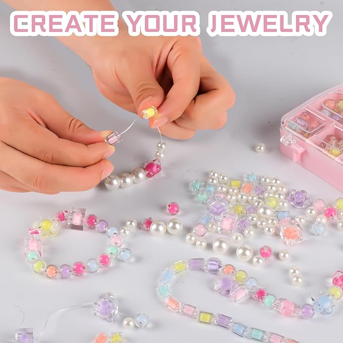 Saimiy 220+ Jewelry Making Kit Gifts for Kids,Pink Handbag Bead Box for Bracelet Making Kit for Girls,6-Year-Old Girl Birthday Gift,Jewelry Crafts for Kids Ages 3+