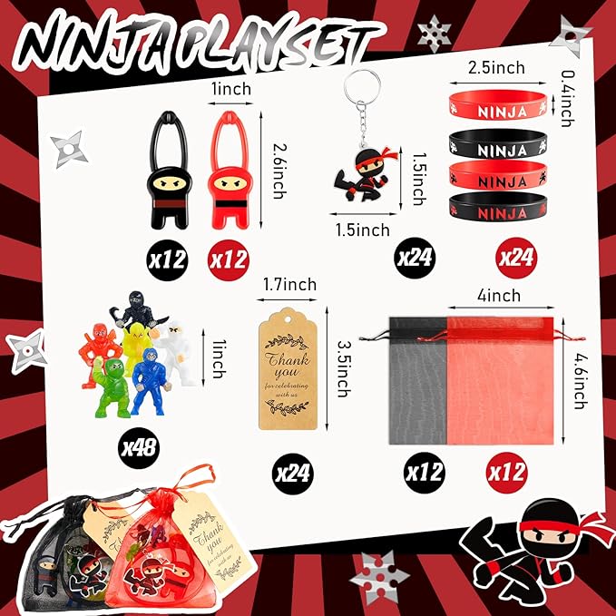 Libima 168 Pcs Ninja Party Favors Karate Birthday Party Supplies Ninja Toys, 48 Small Figurines, 24 Flying Toys, 24 Silicone Bracelets, 24 Keychains, 24 Organza Bags, 24 Thank Card