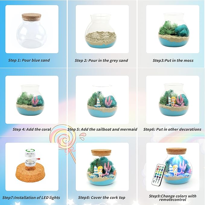 Mermaid Terrarium Crafts Kit for Girls - Make Your OWN Unicorn Night Light with 16 Modes LED Remote - Unicorn Birthday Gifts Toys for Girls Ages 5 6 7 8 9 10 Year Old - Best Christmas Gifts for Girls