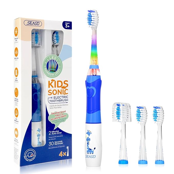 SEAGO Kids Electric Toothbrush with 2 Mins Brushing Timer and 4 Replacement Bursh Heads, Rainbow LED Light Make Brushing Fun, Blue Color Boys Battery Powerd Toothbrush for 4-12 Years Old，SG-977