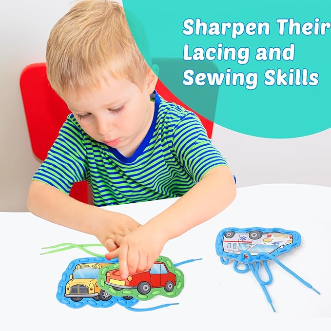 Aizweb Vehicle Lacing Cards,Sewing Kit for Toddlers, Fine Motor Skill Toys,Threading Toys for Preschoolers,Shoe Tying Practice Art and Craft for Kids Educational Kindergarten Learning Activities