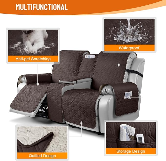VANSOFY Loveseat Recliner Cover with Console 100% Waterproof Sofa Slipcovers Non-Slip Reclining Couch Covers Split Sofa Cover Furniture Protector for Pets, Dogs(Chocolate)