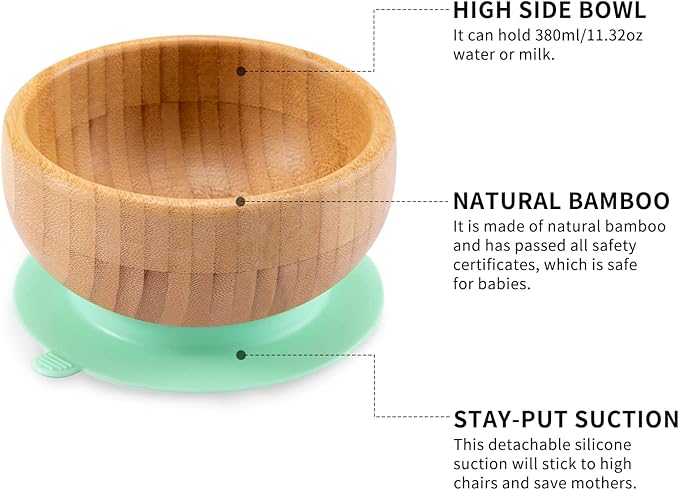 Baby Bamboo Suction Plate, Bowl and Spoon Set, Wooden Feeding Set for Toddler 1-3 Year Old, Silicone Suction Sticks to Most High Chairs for Non Slip & Silicone Spoon Tips with Wood Handle