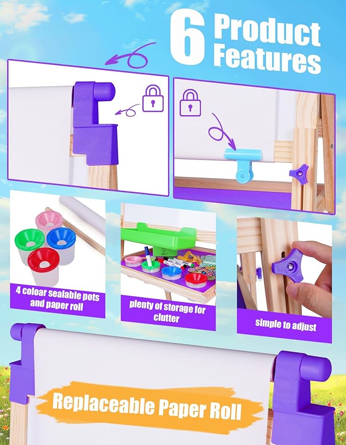 JOYOOSS Art Easel for Kids Art Easel Kids Easels for Toddlers,Wooden Kid Easel with Paper Roll - Chalkboard for Kids Adjustable Double Sided Kids Dry Erase Board, Toddler Art Easel for Kids Ages 4-8
