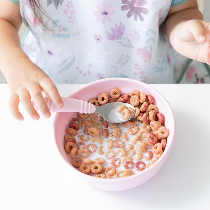 Bumkins Toddler Utensils, Kids Size Fork and Spoon Set, Silicone and Stainless-Steel Training Silverware, Angled Forks / Sporks for Self-Feeding, Children Hold Learning to Eat, 18 Months Up, Pink