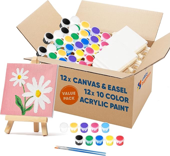 Set of 12 Mini 4x4 Canvas and Easel Set with 10 Colors Acrylic Paint - Bulk Kids Art Party Favors & Supplies - Mini Paint Party Kits - Kids Canvas Painting Set - Paint & Sip Kit