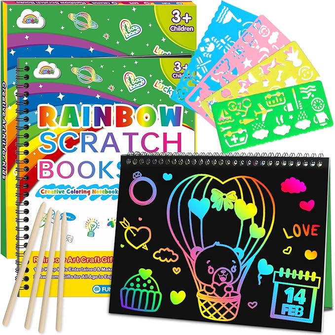 ZMLM Scratch Paper Art Craft Gift: 2 Pack Rainbow Scratch Set for Kids Ages 4-8 Drawing Coloring Craft Black Magic Art Supplies Kits Easter Basket Stuffers for Girls Boys Birthday Valentines Day Toys