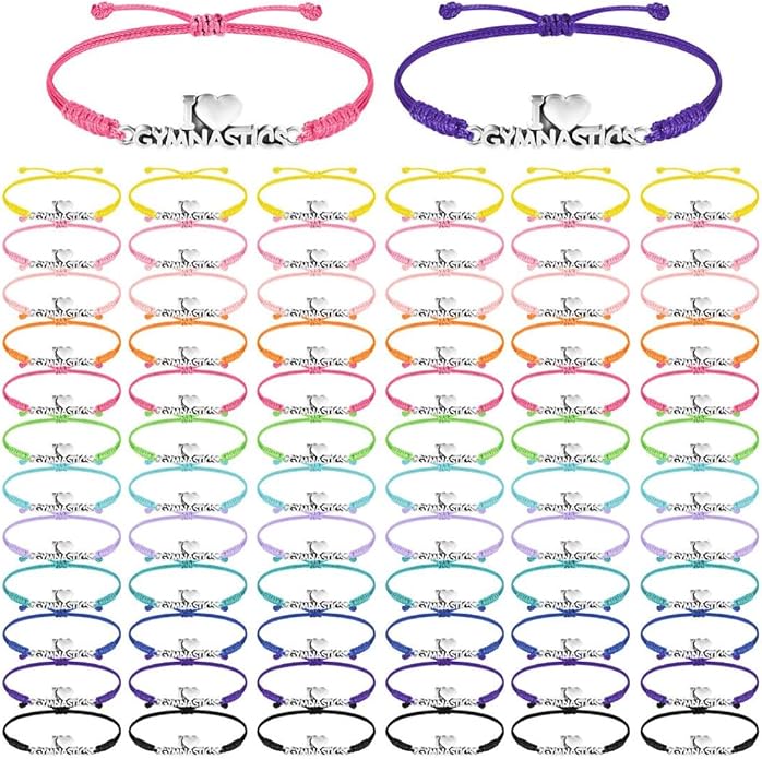 Sureio 48 Pcs Gymnastics Bracelet Gifts Bulk Adjustable Rope Braided Bracelets Christmas Gifts Gymnastics Jewelry Gymnastics Party Favors Supplies for Women Gymnasts