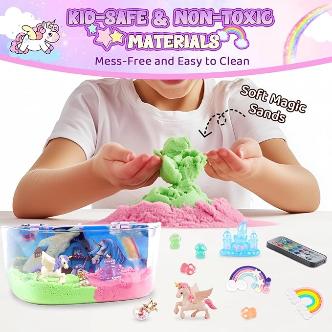 Unicorn Terrarium Kit Gifts for Kids - DIY Night Light Up with Remote - Unicorn Toys for Girls Ages 4 5 6 7 8 9 10 11 12 + Year Old Fun Easter Birthday Sand Arts and Crafts for Kids