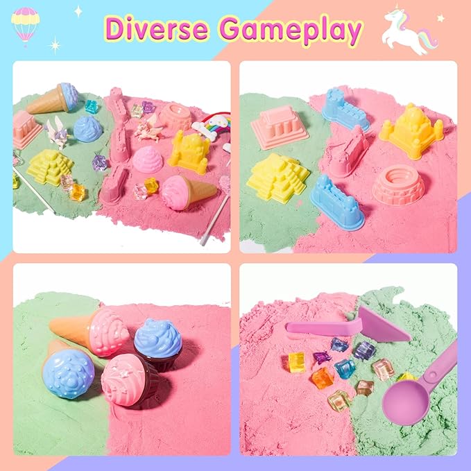 Unicorn Sensory Sand Kit for Girls Ages 3-8 – 2.2lbs Colorful Play Sand, Unicorn Toys, Castle & Ice Cream Molds, Tools & Sandbox with Lid – Great Christmas & Birthday Magic Sand Gift for Toddlers 3-5