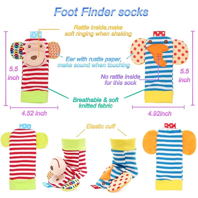 Wrist Rattles Foot Finder Rattle Toy for 0-4 Months Baby, Feet Leg Ankle Socks Arm Hand Bracelet Shaker for 4-8 Months Infant boy & Girl, Gift Set for 0-1 Years Newborn Babies (5 pcs-B)