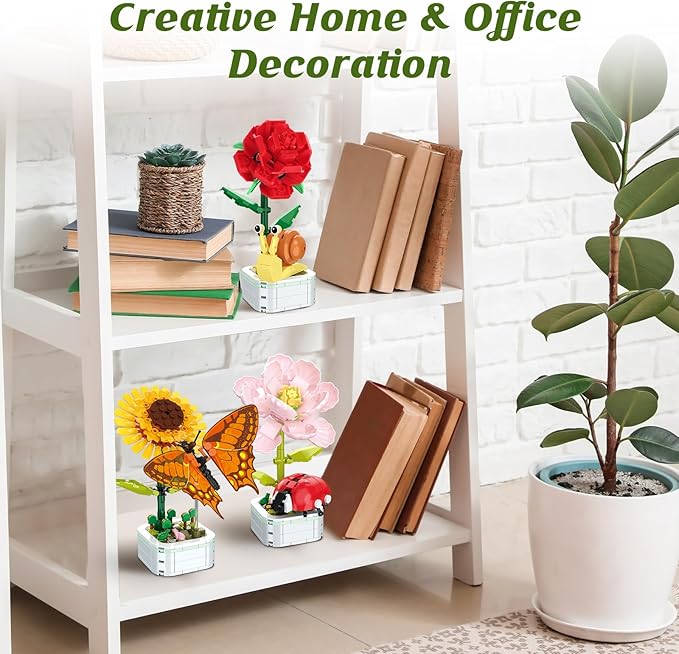 POKONBOY 6 Pack Flowers Building Set, Creative Flower Building Toys Bonsai Building Kits Botanical Collection for Home Room Decor Christmas Birthday Gift for Girls Boys Aged 6 and Up