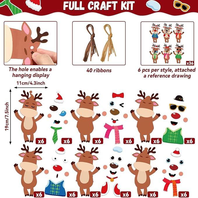 Qyeahkj 36 Sets Christmas Reindeer Ornament Craft Christmas Crafts, Xmas DIY Ornament Craft Kit for Holiday Party Favors