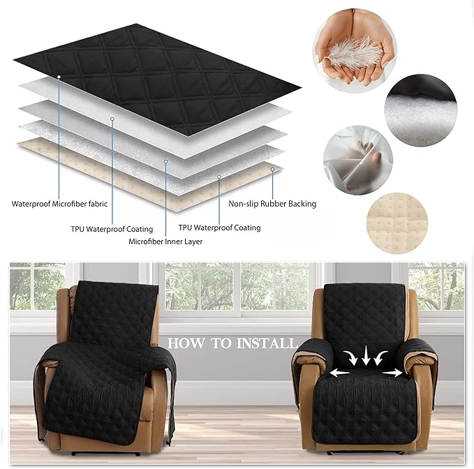 TOMORO Non-Slip Quilted Recliner Cover, 100% Waterproof Recliner Chair Slipcover Furniture Protector with Pockets, Washable Couch Cover with Elastic Straps for Kids and Pets，23 Inch