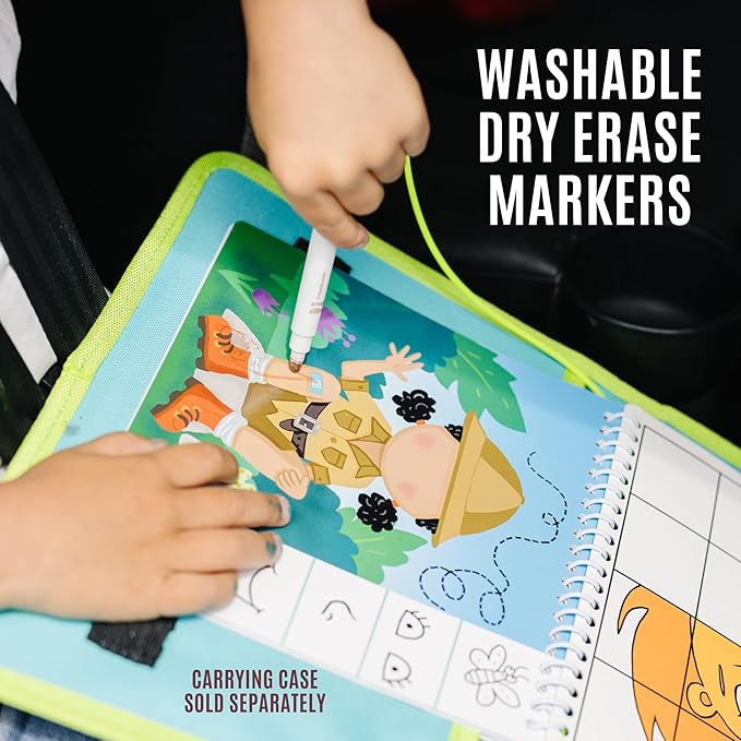 Kids Small Size Travel Educational Activity Book with Washable Markers (7"x7") - Car and Airplane Activities, Learning Toys for Toddlers - Search and Find, Reusable Stickers for Ages 4, 5, 6 (Jungle)