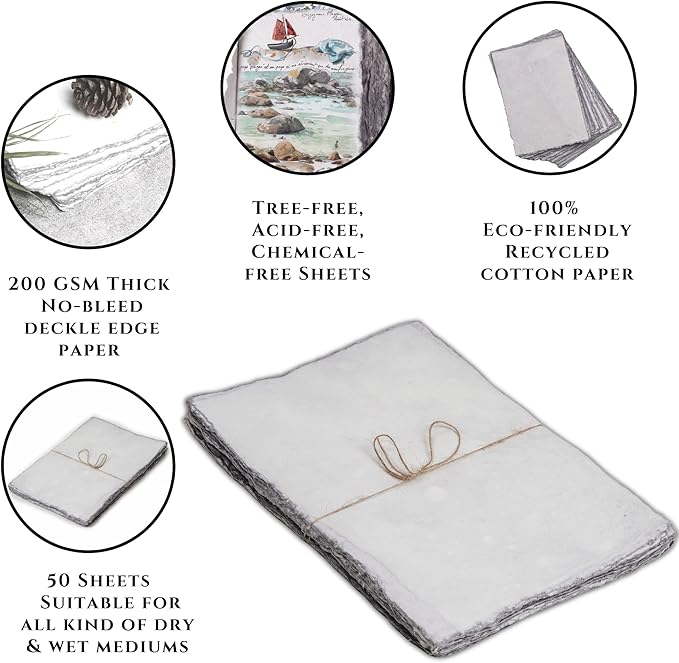 LEATHER VILLAGE Watercolor Paper - 7.5 X 11 inches, 50 Sheets - Mixed Media Watercolor Paper - 150 GSM Thick Deckle Edge Virgin Cotton Handmade Paper - Grey Toned
