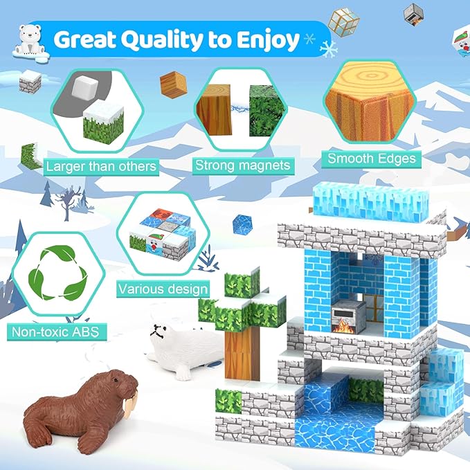 Magnetic Blocks 110PCS with 6 Animal Toys, Snow World Building Blocks Set, Toys for Boys & Girls Age 4-6,5-7,6-8, Stacking Building Toys for Toddlers & Kids 3+