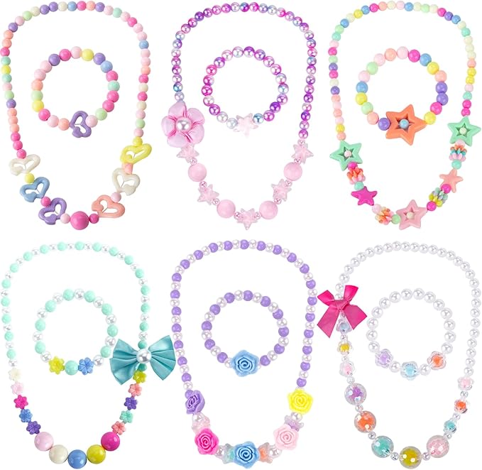 BigOtters Little Girls Necklace Bracelet, 6 Sets Lovely Colorful Beads Jewelry Princess Dress up for Toddlers Pretend Play Party Costume，Easter Eggs Stuffers Kids Easter Gift