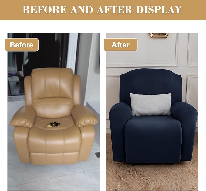 Jin Le 4 Pieces Recliner Cover Stretch Recliner Chair Cover 1 Seater Recliner Couch Covers Sofa Covers Stretch Soft Furniture Protector with Elastic Bottom and Ties for Kids Pet(Recliner, Navy)