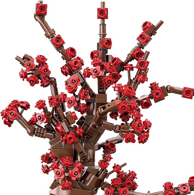 Plum Blossom Bonsai Tree Building Set, Small Building Blocks Set, for Kids Adults Chinese Flower Blocks Sets Home Office Decor for Adults Gift for Kids Age 6+,Red,483 Pieces 63004
