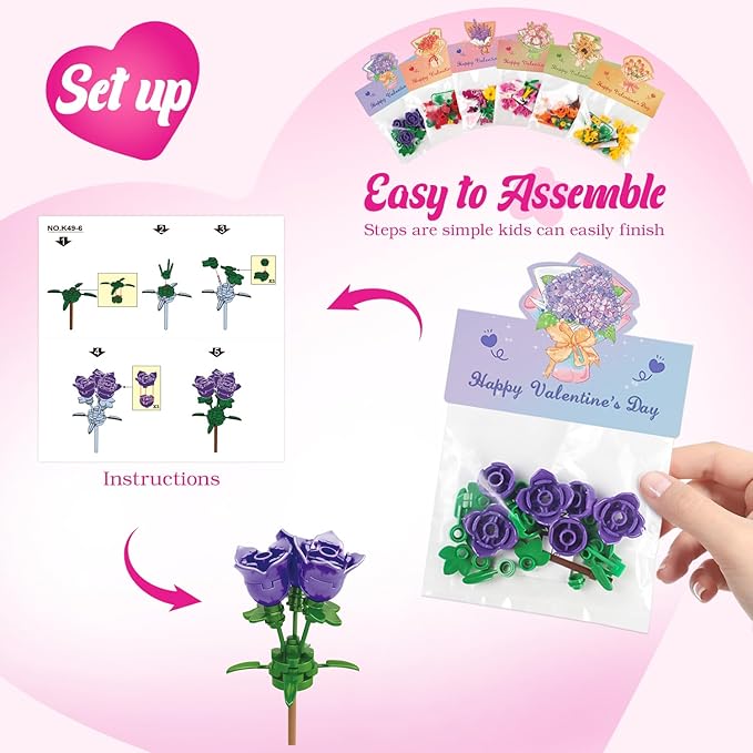 Valentines Day Gifts for Kids - 24 Pack Prepacked Valentine's Day Cards with Flower Building Blocks Crafts for School Classroom Class Party Favor, Valentines Craft Exchange for Boys Girls Teens