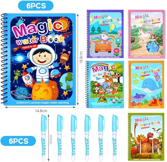 OSDUE 6 Pack Water Coloring Book for Toddler, Water Painting Book for Toddlers, Paint with Water Books, Educational Learning Doodle Toy, Reusable No-Mess Art Book Travel Toys & Xmas Gift for Kids