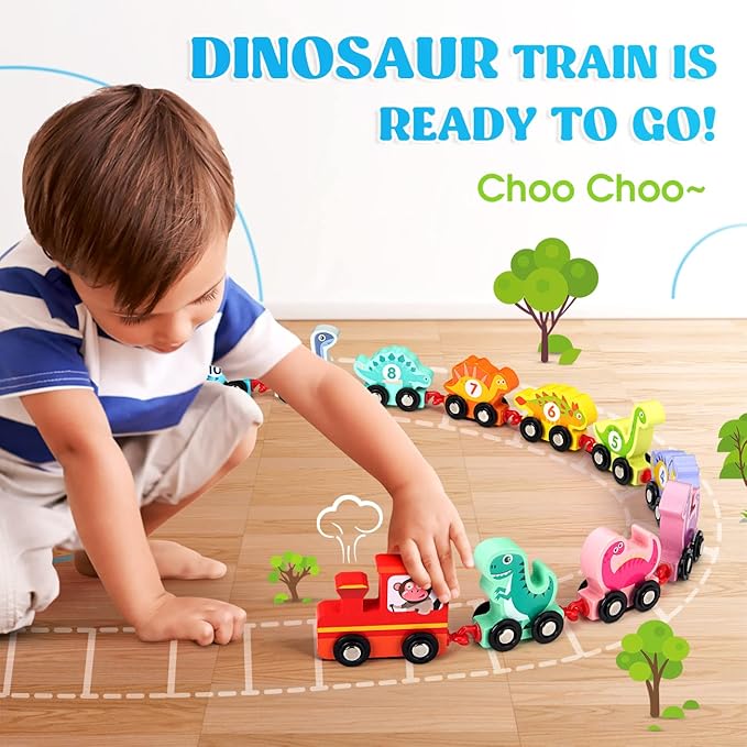 Toddler Toys for 2 Year Old Boy Easter Birthday Gifts, Wooden Dinosaur Train Set Montessori Toys for 2 Year Old, Learning Dinosaur Toys for Kids Ages 2-4 Boys Girls Toddler Toys 2-3