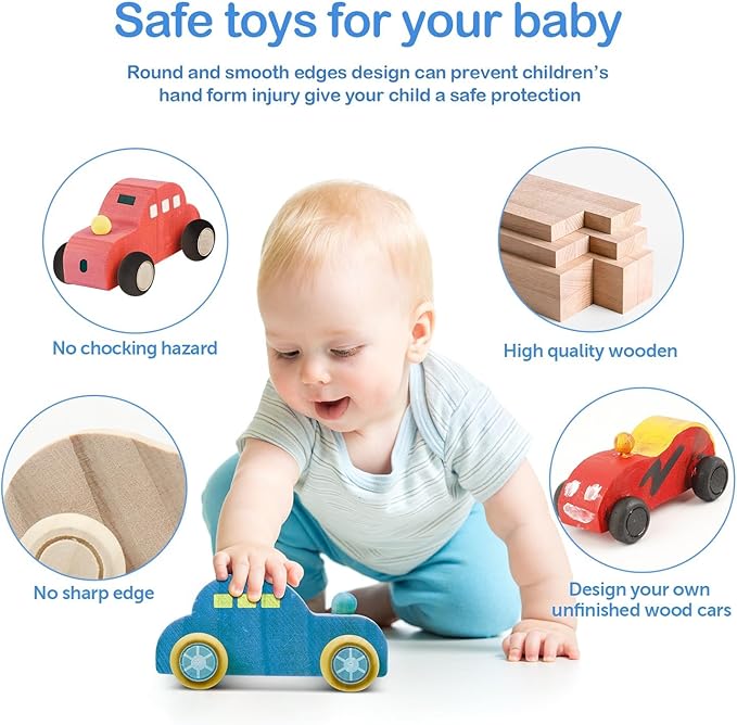 clothmile 24 Pieces DIY Wood Car Toys Unfinished Wooden Cars Toys Wooden Painting Blocks Crafts Kits for Christmas School Students Home Activities Craft Projects Easy Woodworking and Family Time Set