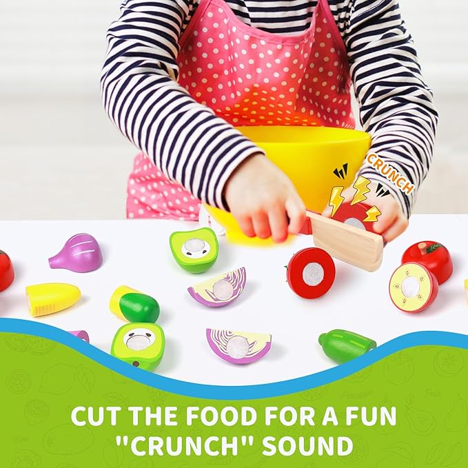 MerryPony 30 Pcs Wooden Play Food Sets for Kids Kitchen Accessories, Velcro Fruit and Veggies for Toddlers, Velcro Fruit Cutting Toys for Kids, Color Sorting Play Food Set, Play Food for Toddlers 1-3