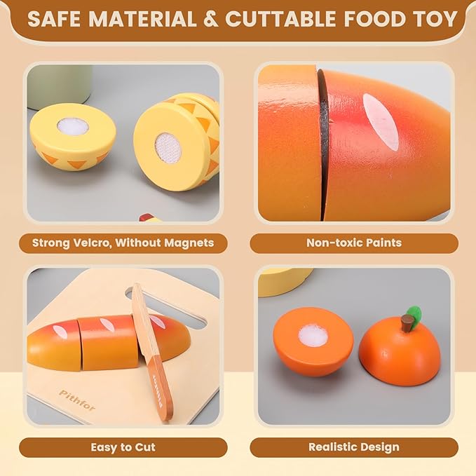 Picnic Playset, Wooden Play Food Set for Kids Kitchen, Cutting Pretend Play Kitchen Food Toy for Toddlers Girls Boys 1 2 3 4 5 Years Old