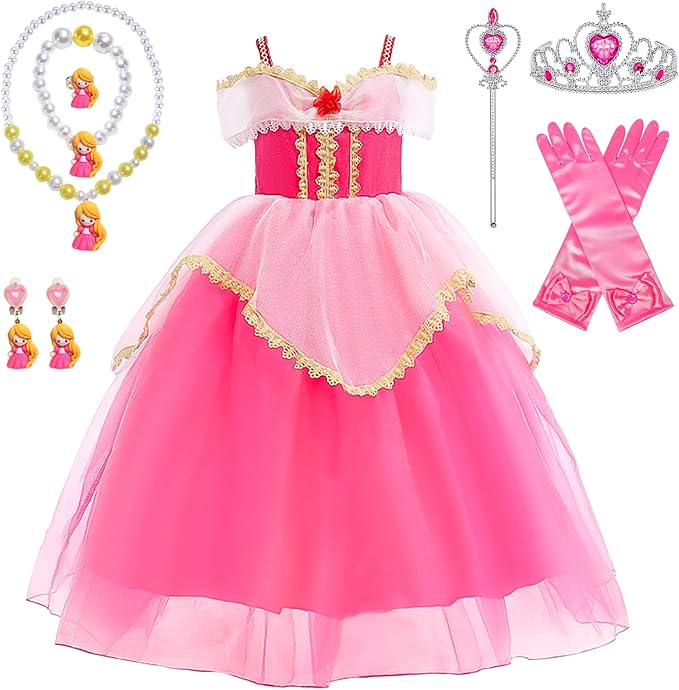 Princess Dress Up Clothes for Little Girls, Belle Costume Dress with Accessories for Birthday Party Cosplay Halloween
